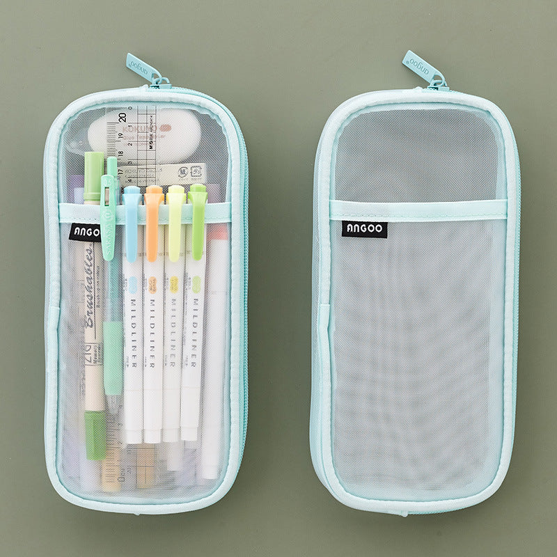 Trending Now at Buy Center: Mesh Pen Case Transparent Solid Color Stationery Storage Bag Green and white