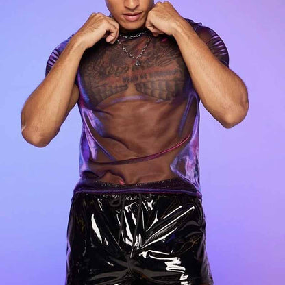 New Golden Thin And Glittering See-through Mesh Short-sleeved T-shirt For Boys Purple