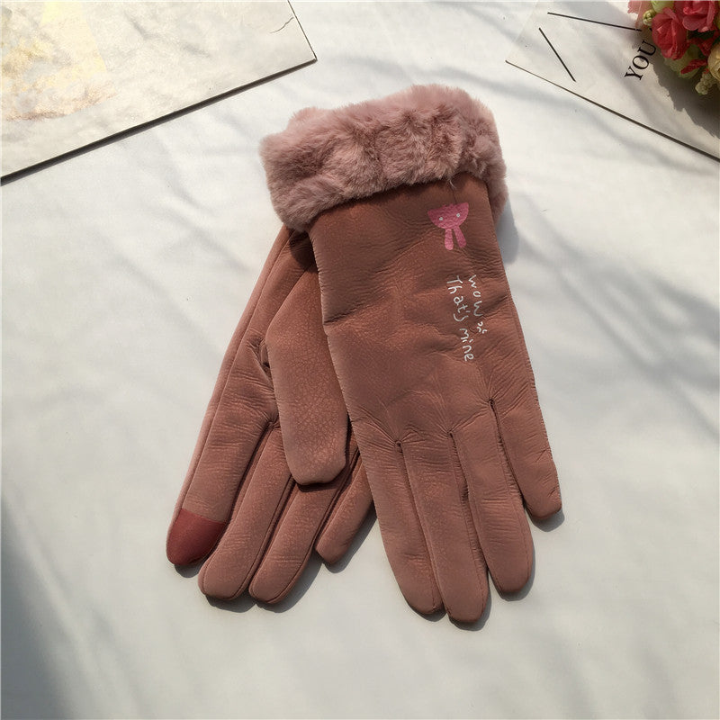 Autumn And Winter Women's Riding Gloves Korean Style Alphabet Cartoon Warm Double Layer Fleece-lined Buy Center