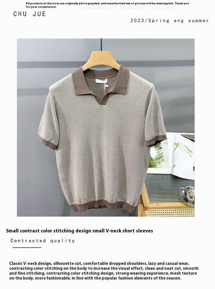 Hot New Items at Buy Center: Men's Ice Silk Knitted Trendy Niche Contrast Color Lapels Short Sleeve