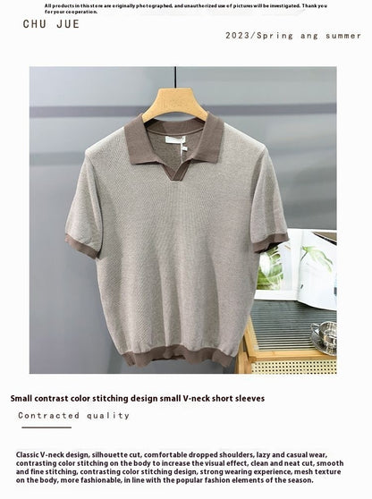 Hot New Items at Buy Center: Men's Ice Silk Knitted Trendy Niche Contrast Color Lapels Short Sleeve