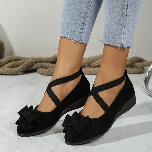 Suede Bow Cross Elastic Band Wedge Oversized Shoes | women's shoes | Buy Center