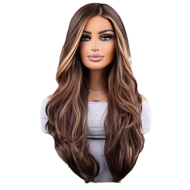 26-inch Elegant Women's Wig Brown Mixed Color Wavy Long Hair Synthetic Fiber Rose Mesh Cap Daily Wear Buy Center