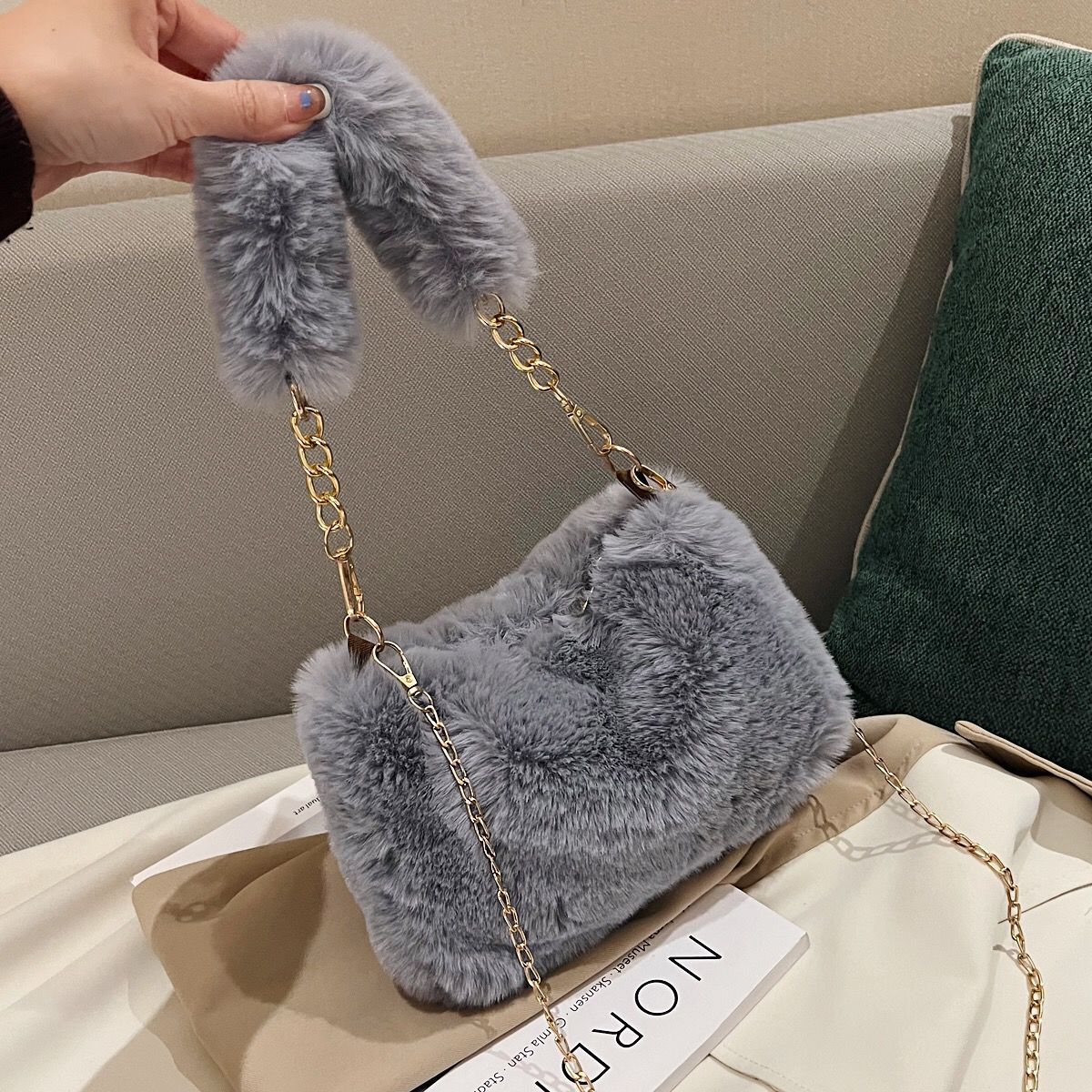 Sac en peluche avec chaîne de perles pour femme de style coréen