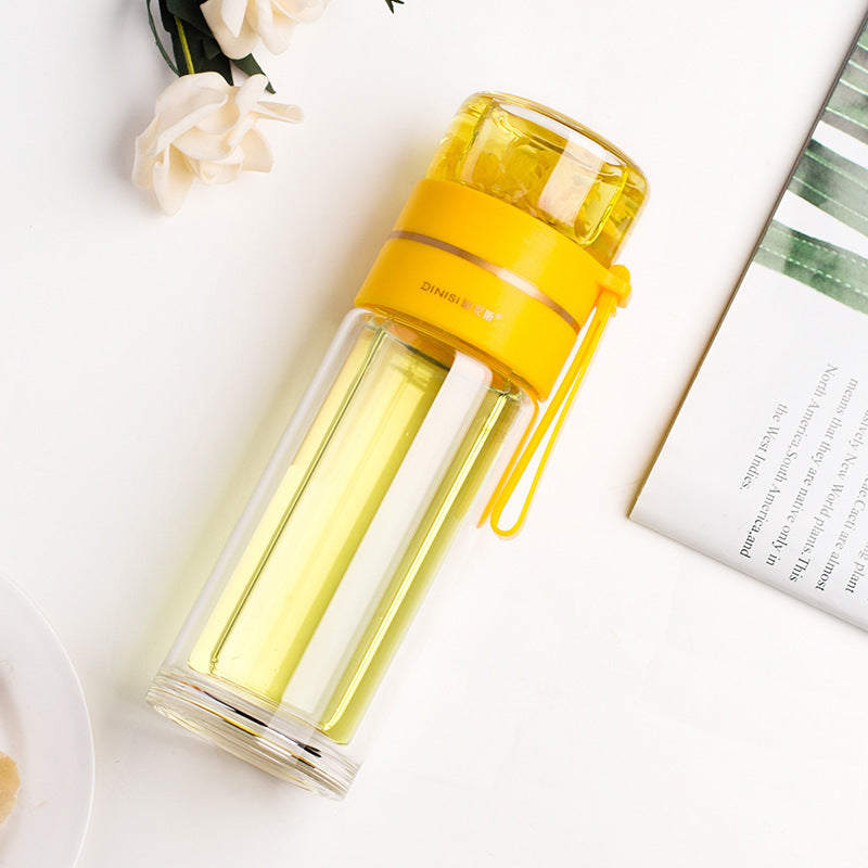 Glass Water Bottle With Tea Infuser Filter Tea Separation Double Wall Glass Bottle Leakproof Water Bottle Yellow 450ml