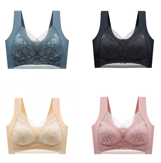 Just Arrived at Buy Center: Lace Vest, Seamless Ice Silk Push-up, Breathable, Thin Bra, Beautiful Back, Big Breasts, Small Fixed Underwear 4pcs