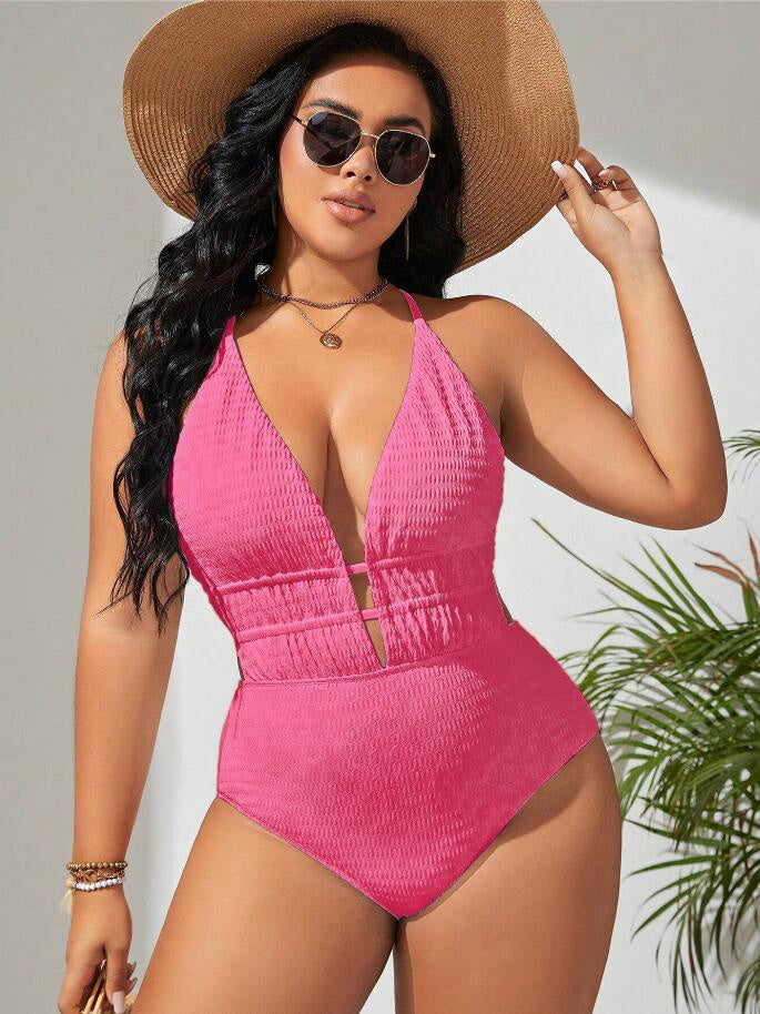 New Women's Belly-covering Beach Solid Color Fashion One-piece Swimsuit Rose Red