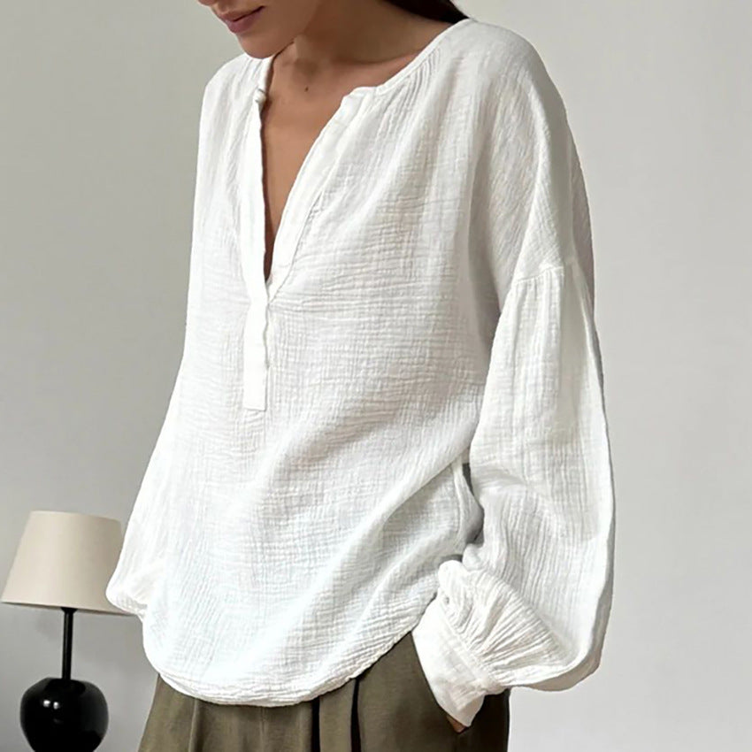 Buy Center Exclusive Offer-Simple Pure Cotton Design Lantern Sleeve Blouse