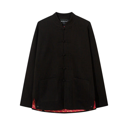 Buy Center Handpicked- Chinese Style Buckle Stand Collar Casual Tang Suit Coat Men Black