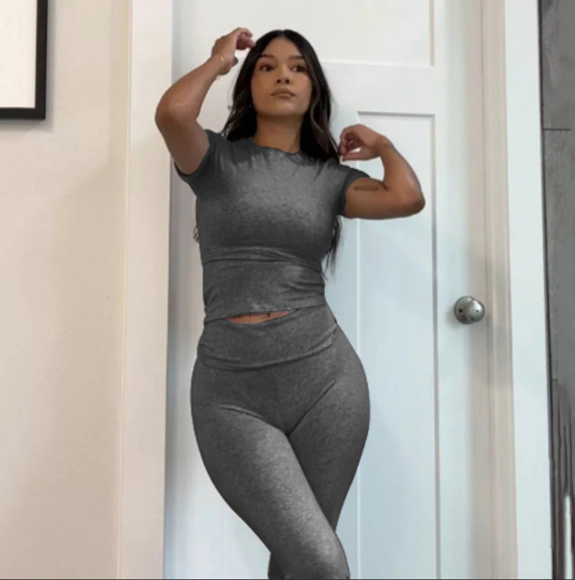 Buy Center Trend-Fashion Slimming Solid Color Blouse And Pants Women Dark Gray Suit Short Sleeve