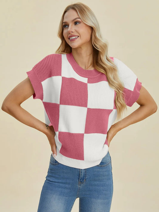 Double Take Full Size Checkered Round Neck Short Sleeve Sweater | Women's Clothing-Tops & Sets-Ladies Shor | Buy Center