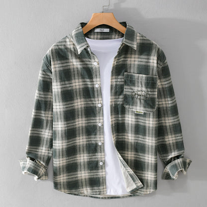 Newly Arrived at Buy Center: Cotton Plaid Long-sleeved Shirt Retro Cotton Brushed Casual Overshirt Green