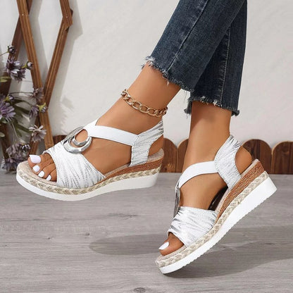 Trending Now at Buy Center: Women's Metal Buckle Hemp Rope Wedge Peep Toe Sandals