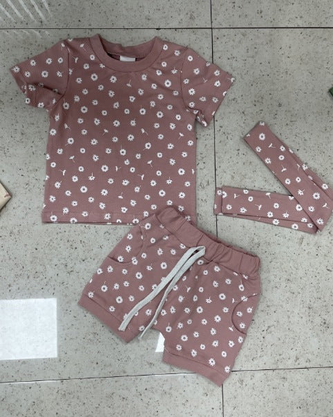 Fresh Arrivals at Buy Center: Girls' Floral Printed Short-sleeved Shorts Headband Suit Pink