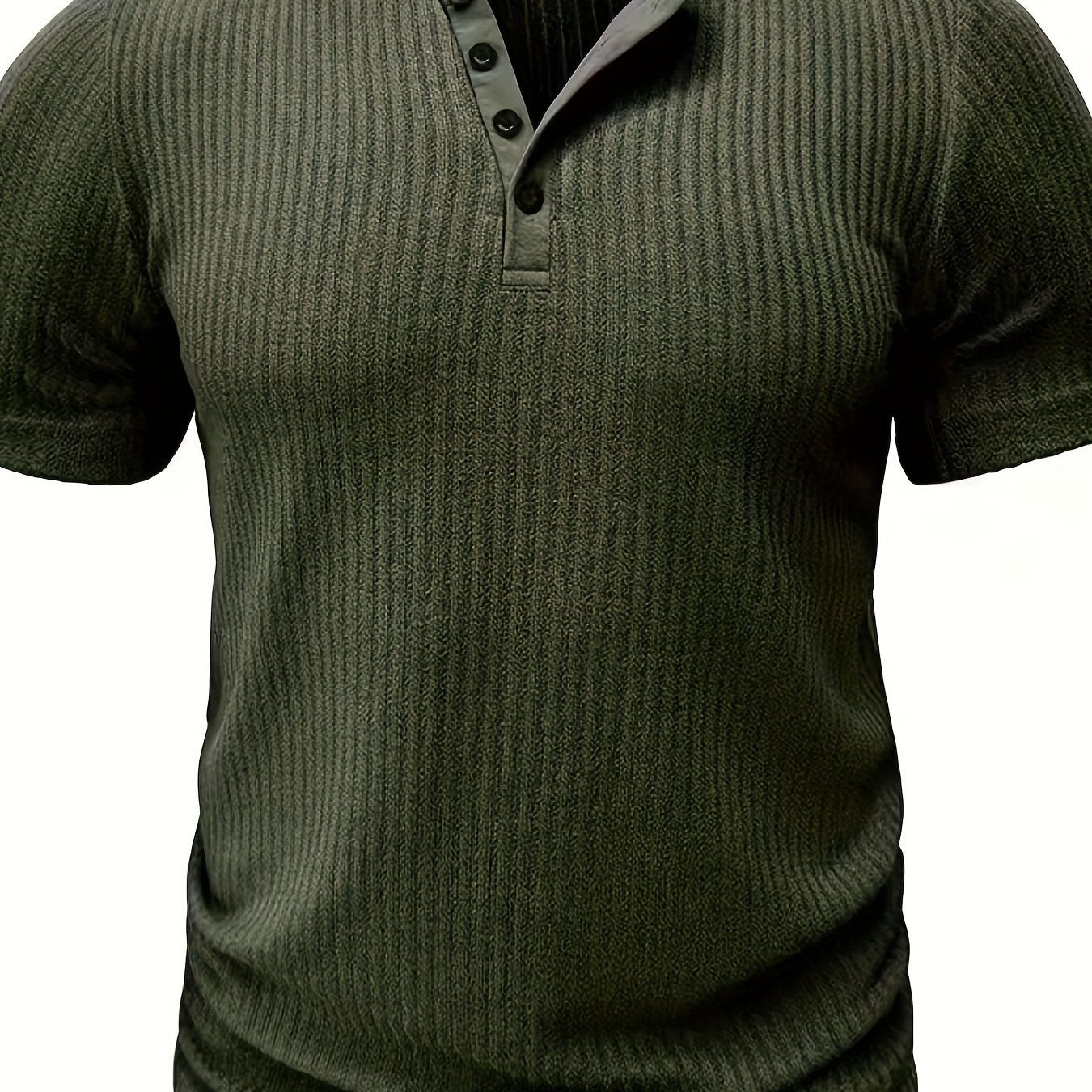 Solid Stripe Pattern Knit Short Sleeve T-shirt With Henley Neck, Chic And Stylish Sports Tops For Men's Summer Leisurewear And Outdoors Activities