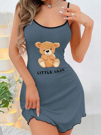 Newly Released at Buy Center: Women's Printed Nightdress With Suspenders 6 Little Bear Dark Blue