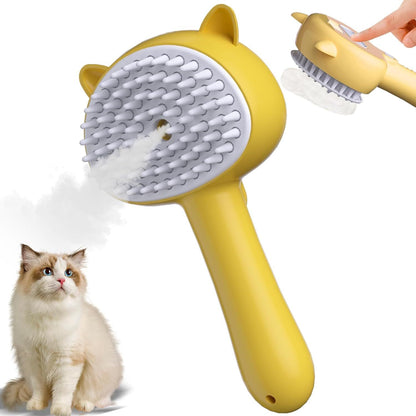 New Cat Steam Brush 4 In 1 Steamy Cat Brush With Handle Rubber Pet Misting Brush With Release Button Dog Comb With Cleanser For Indoor Kittens Small Animals Yellow