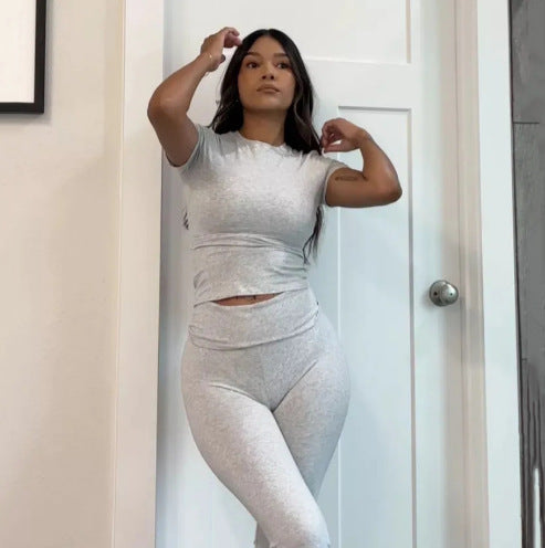 Buy Center Trend-Fashion Slimming Solid Color Blouse And Pants Women Light Gray Suit Short Sleeve