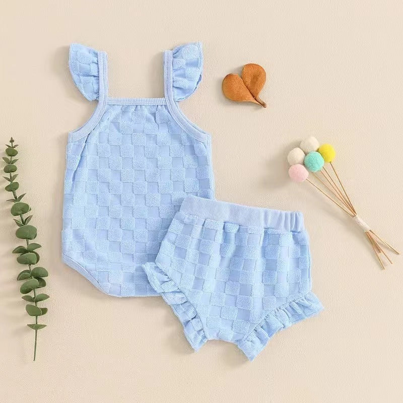 Fresh Arrivals at Buy Center: Girls' Solid Color Chessboard Plaid Style Lace Sling Romper Casual Shorts Suit