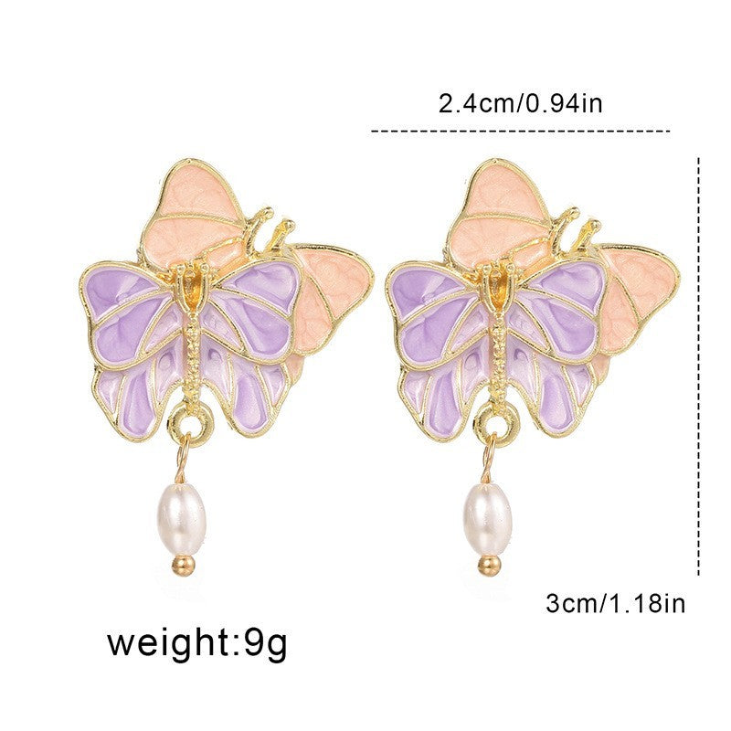 Buy Center Ultimate-French Butterfly Oil Drop Pink Fashionable Retro Hong Kong Style Earrings For Women, Gentle And Super Fairy Pearl Personality Earrings