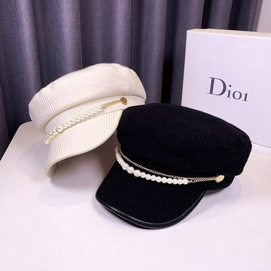 Autumn And Winter Pearl Chain Flat Top Navy Hat Women | Women's Clothing4 | Buy Center