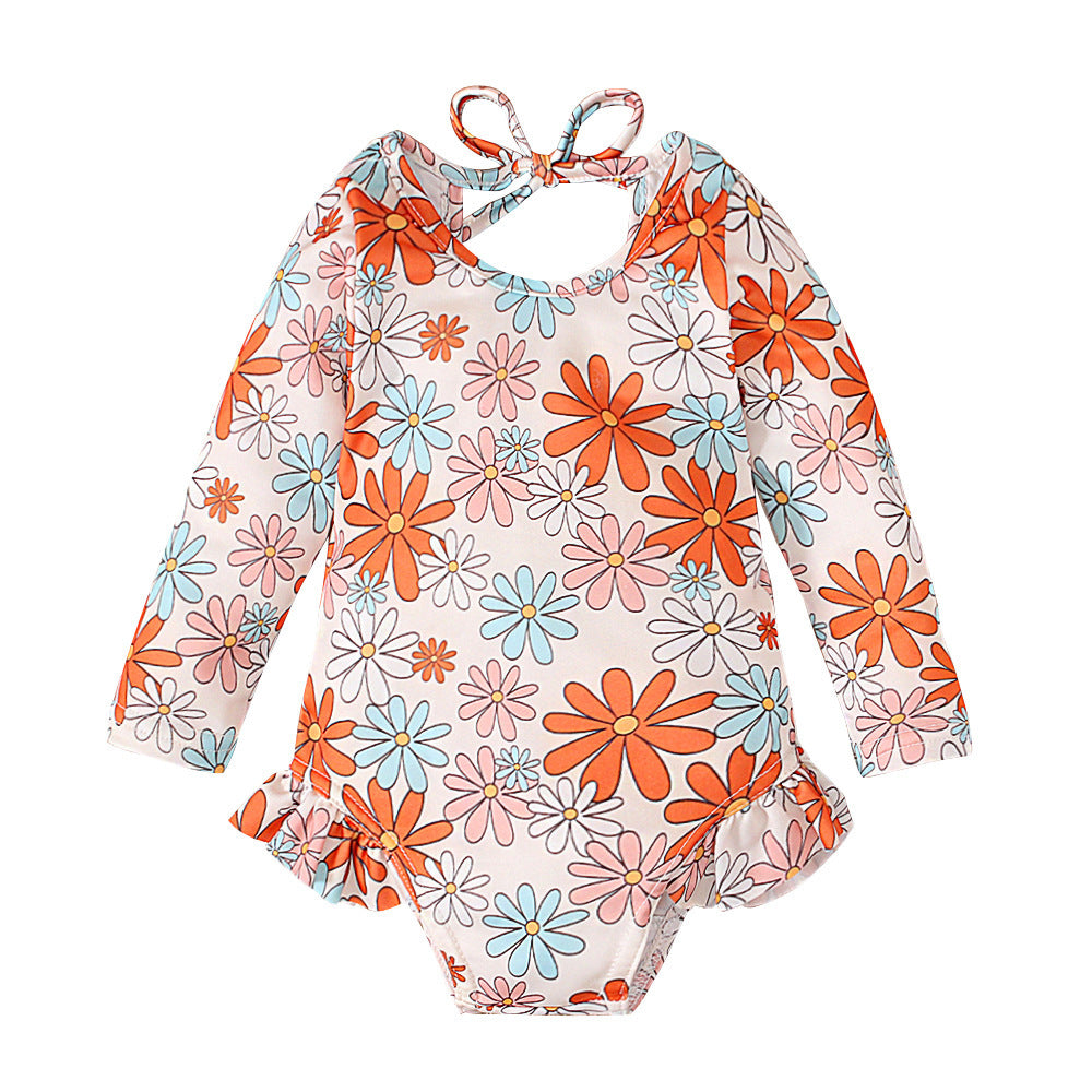 New at Buy Center: Girl's Pattern Graphic Print Crew Neck Open Back Swimsuit Orange Red