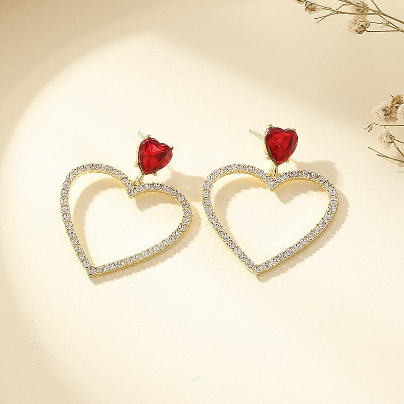 Buy Center Trend-Double Heart Ruby Full Diamond Micro Inlaid Hollow Earrings With Peach Heart And Gentle Temperament