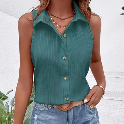 Buy Center Top Pick- Summer Solid Color Sleeveless Button Shirt