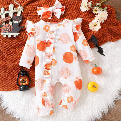 Hot New Items at Buy Center: Girls' Cartoon Pumpkin Ruffled Flounced Sleeve Long-sleeved Trousers Crawling Suit Jumpsuit