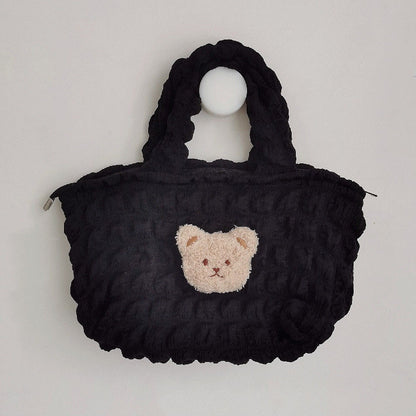 Bolso de mano acolchado con cabeza de oso de peluche tridimensional a cuadros