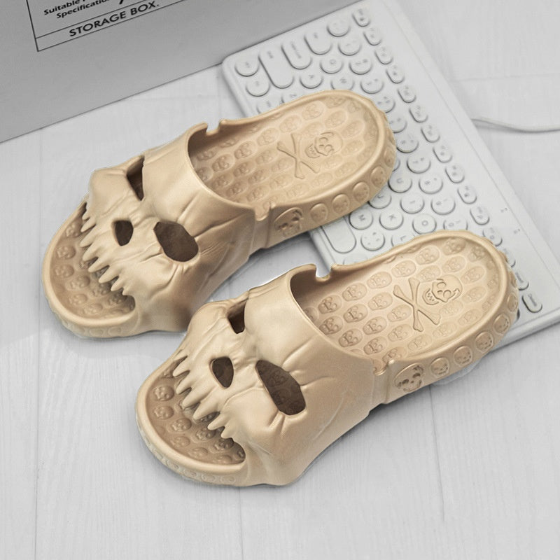 Personalized Skull Design Halloween Slippers Bathroom Indoor Outdoor Funny Slides Beach Shoes Khaki