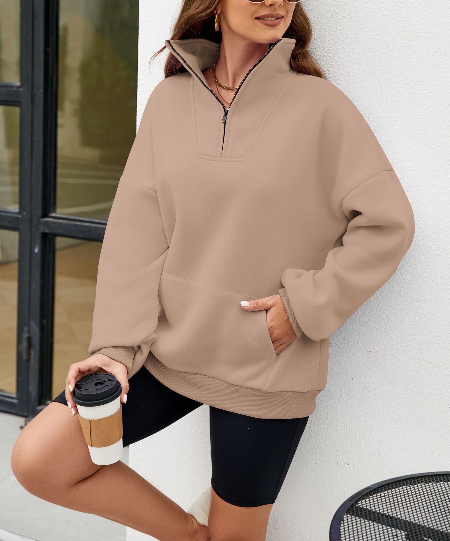 Trending Now at Buy Center: Y2K Solid Color Stand Collar With Pocket Zipper Sweatshirt Casual Sports Loose Top Women's Clothing Khaki