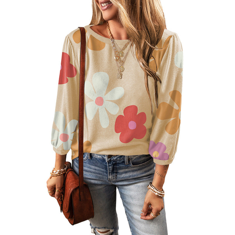 European And American Leisure Wild Flower Floral Print Long Sleeve Pullover Buy Center