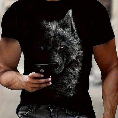 Camiseta de cuello redondo con estampado de ojos en color de contraste de lobo digital 3D, moda para actividades al aire libre de verano para hombres