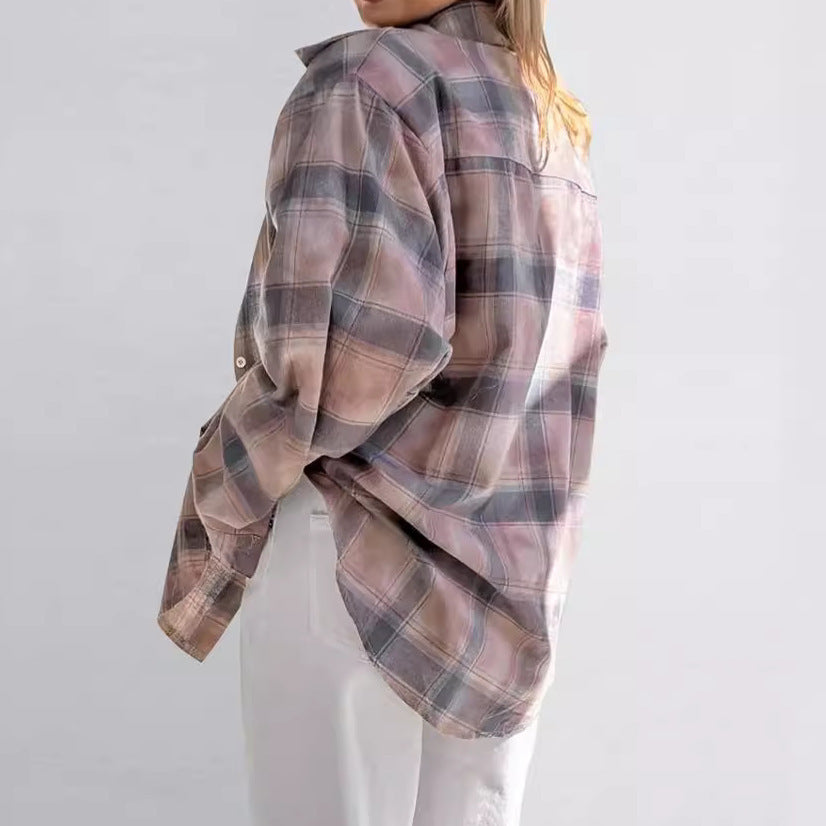 Buy Center Excellence-Plaid Long Sleeve Shirt Baggy Coat Women