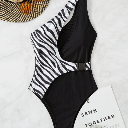 Trending Now at Buy Center: Women's Single Shoulder Zebra Black Plain Fabric Patchwork Bikini