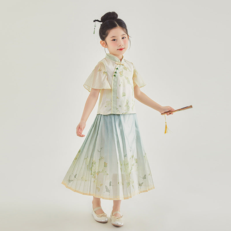 Fresh Arrivals at Buy Center: Girls Chinese Style Traditional Short Sleeve Horse-face Skirt Kids Clothes Two-piece Suit