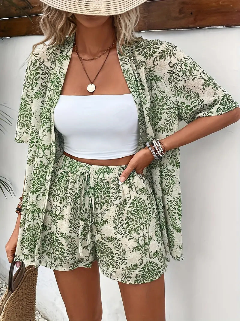 Hot New Items at Buy Center: Holiday Floral Print Elegant Two-piece Shirt Short Sleeve Top Drawstring High Waist Shorts Floral8