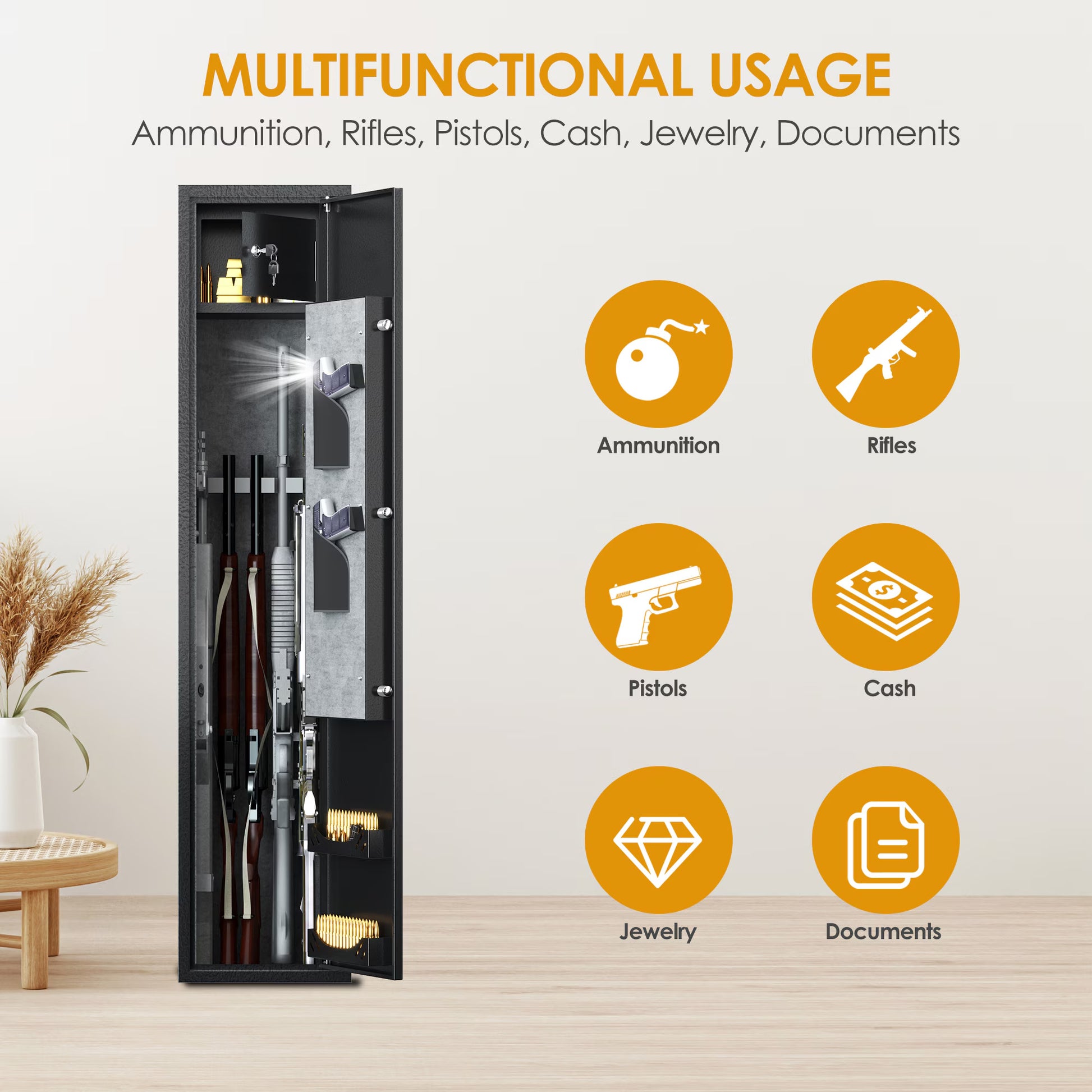 Home Rifle And Pistols Gun Safe With LED Light And Alarm System,Biometric Fingerprint Rifle Safe,Quick Access 4-5 Rifle,Long Gun Cabinet With Removable Shelf,Built-in Small Cabinet Buy Center