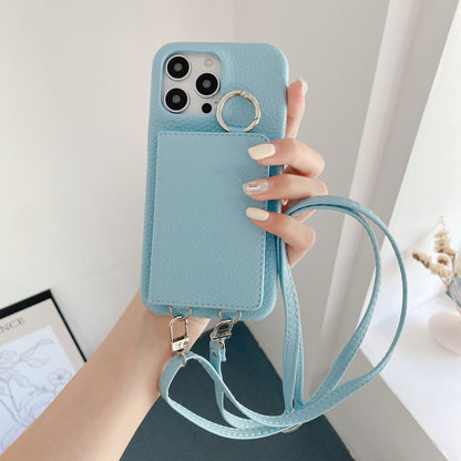 Lychee Pattern Left And Right Open Beauty Mirror Lanyard Phone Case Sky Blue