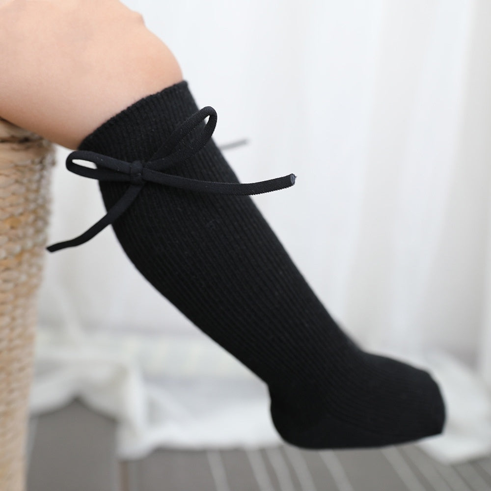 Buy Center Exclusive Offer-Girls' Bow Tube Socks Children's Monochrome Flat Mouth Black