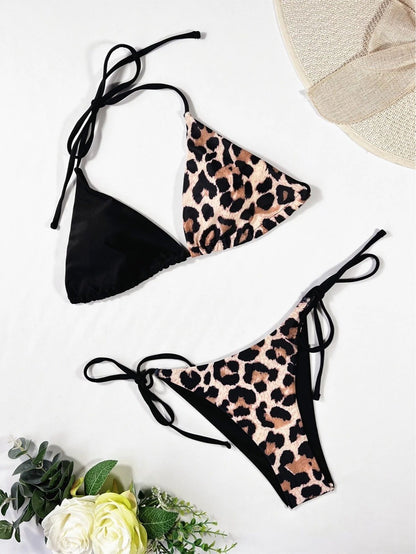 Just Arrived at Buy Center: Women's Leopard Print Split Swimsuit Halter Lace-up Bikini Suit