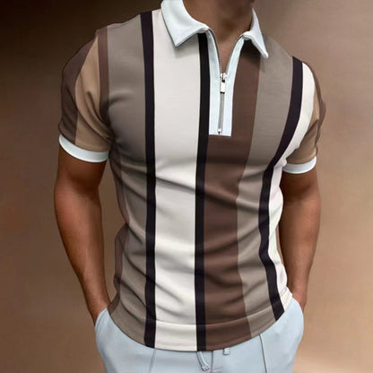 Fresh Arrivals at Buy Center: Men's Striped Short-sleeved Polo Shirt Slim Lapel Dark Brown