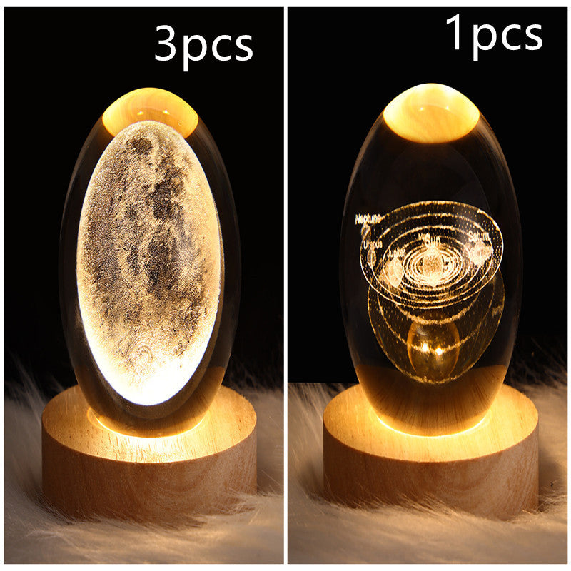 LED Night Light Galaxy Crystal Ball Table Lamp 3D Planet Moon Lamp Bedroom Home Decor For Kids Party Children Birthday Gifts Solid Wood Seat Set33 USB