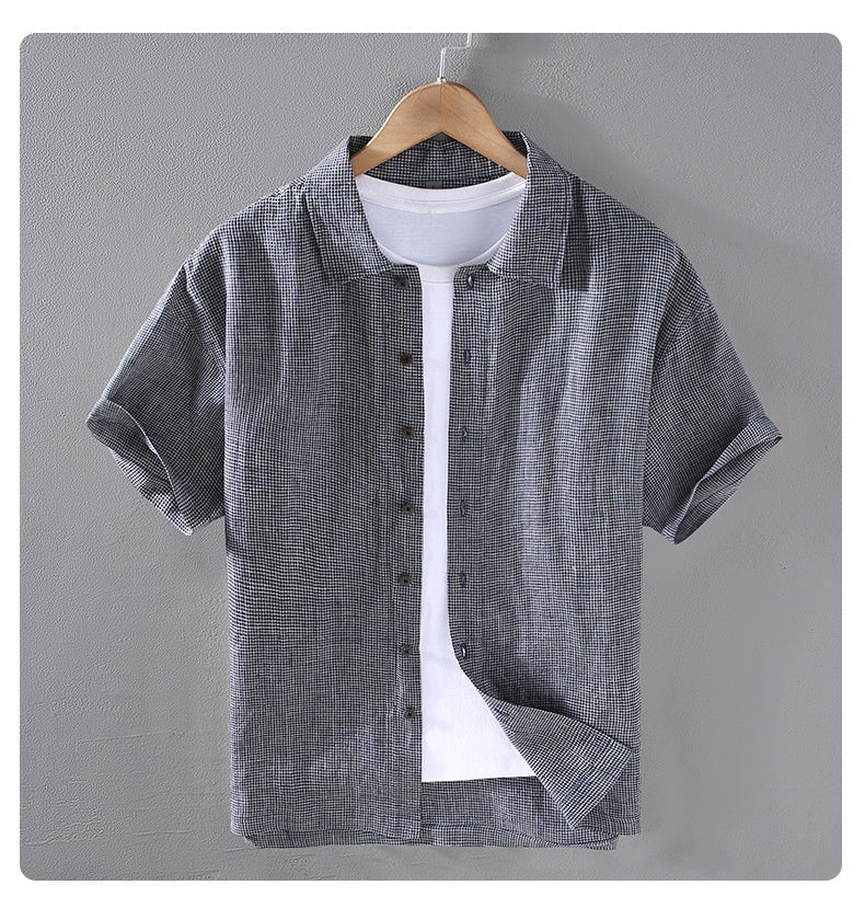 Fresh Arrivals at Buy Center: Men's Woven Fine Plaid Linen Short Sleeved Shirt