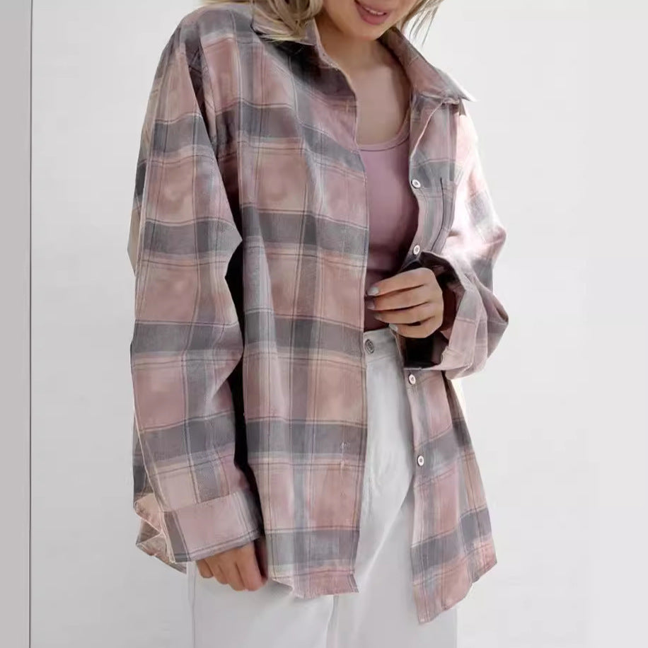 Buy Center Excellence-Plaid Long Sleeve Shirt Baggy Coat Women