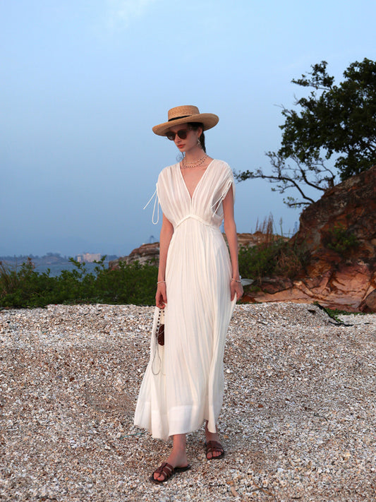 Just Arrived at Buy Center: Pleated Deep V Wide Hem Dress White