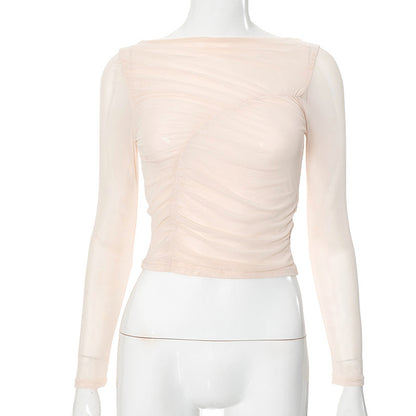 European And American Pure Color Mesh See-through Slim-fit Midriff-baring Top Apricot