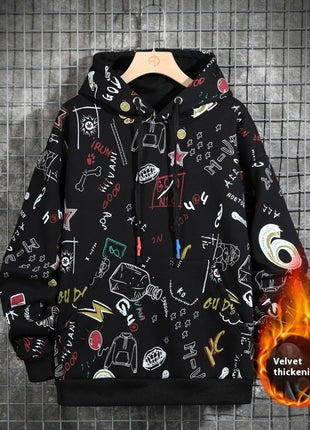 Autumn And Winter Fleece-lined Graffiti Hooded Sweater Men