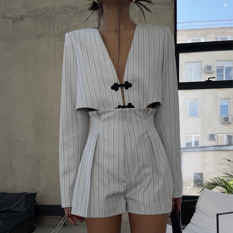 Buy Center Trend-Niche Design Long Sleeve Jacket High Waist Shorts Striped Suit